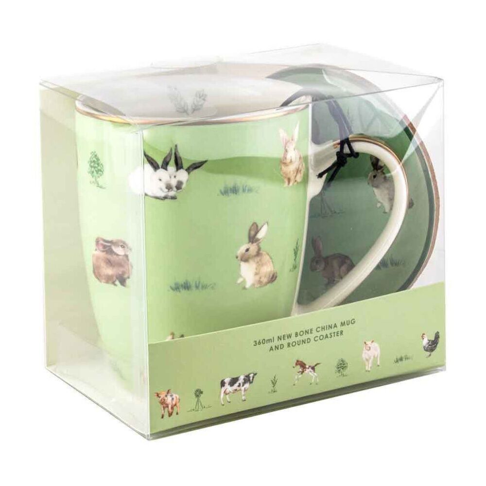 2PK LMD Bunnies Farm Lane New Bone China Coffee Mug w/ Coaster 360ml - Green
