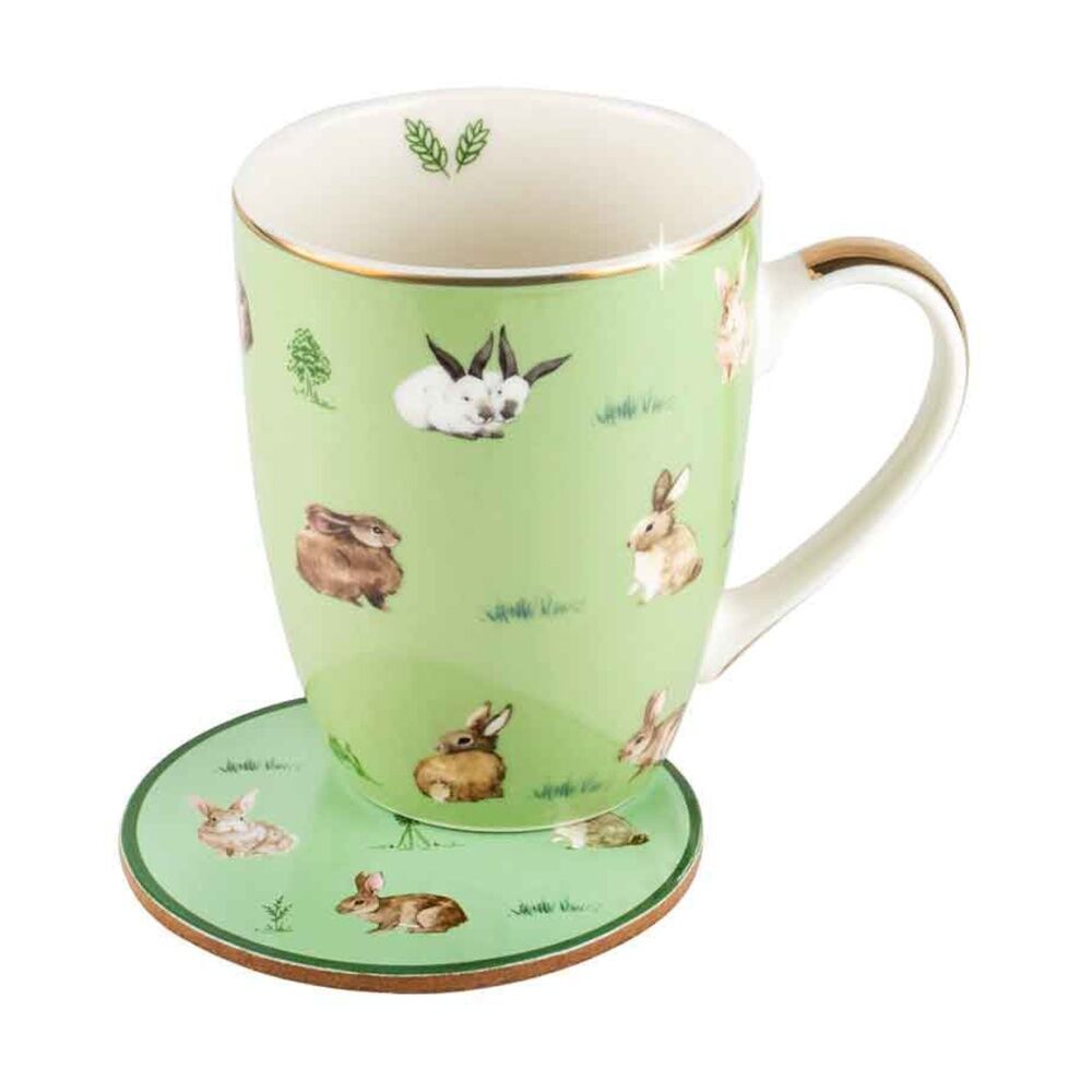 2PK LMD Bunnies Farm Lane New Bone China Coffee Mug w/ Coaster 360ml - Green