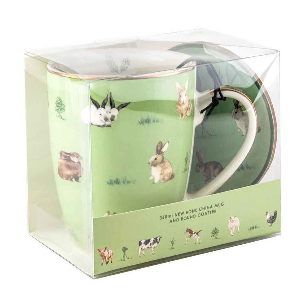 4PK LMD Bunnies Farm Lane New Bone China Coffee Mug w/ Coaster 360ml - Green