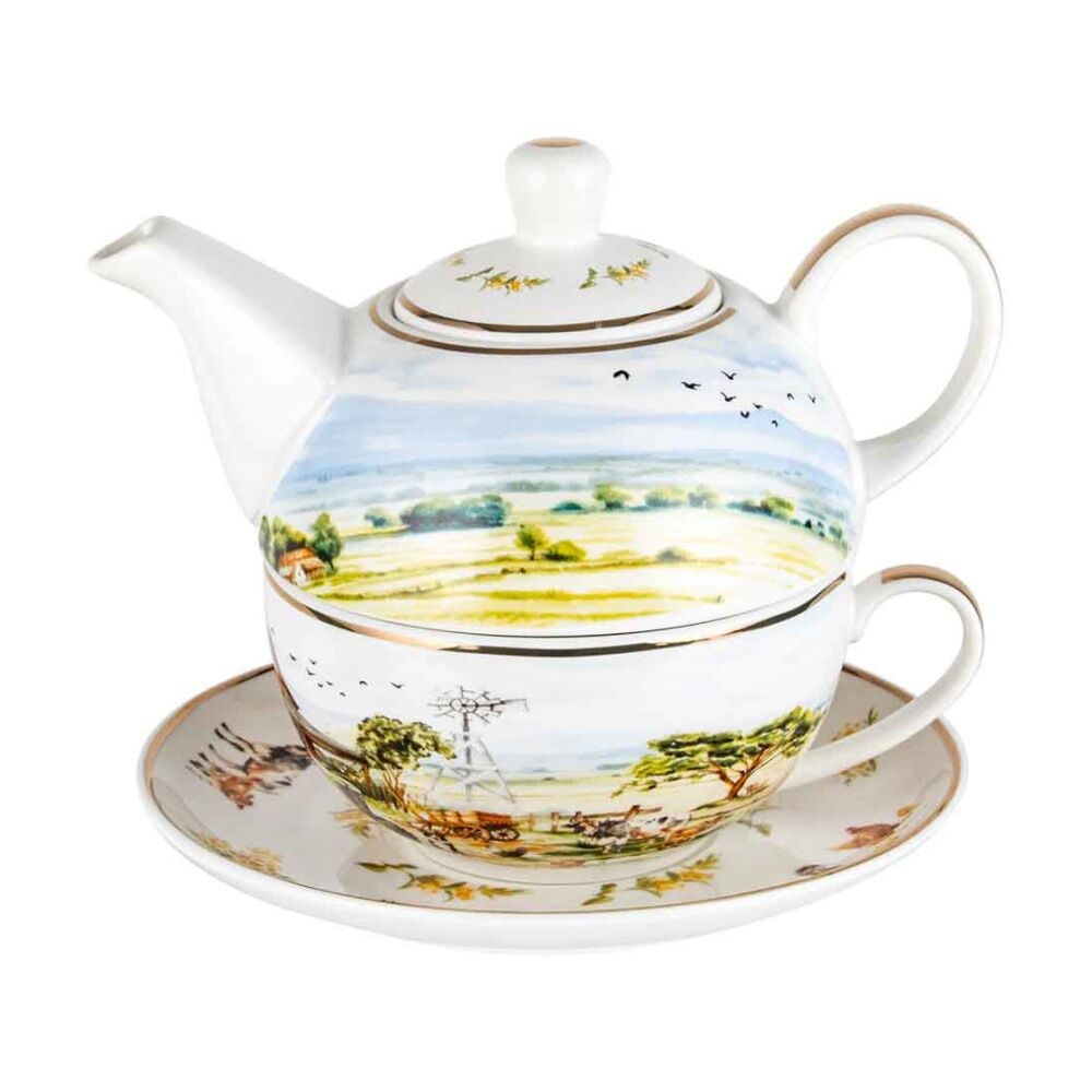 2PK LMD Country Life New Bone China Tea For One Teapot w/ Saucer 450ml