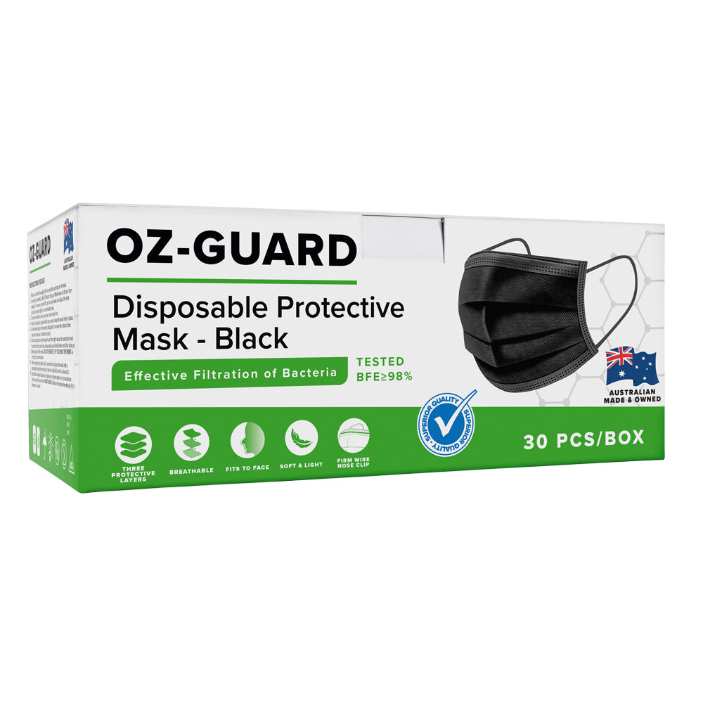 30pc Ozguard Black Disposable Protective PPE Face Masks Kids 6y+