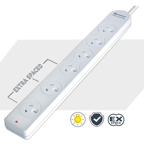 Sansai 6-Way Overload Protected Powerboard - White