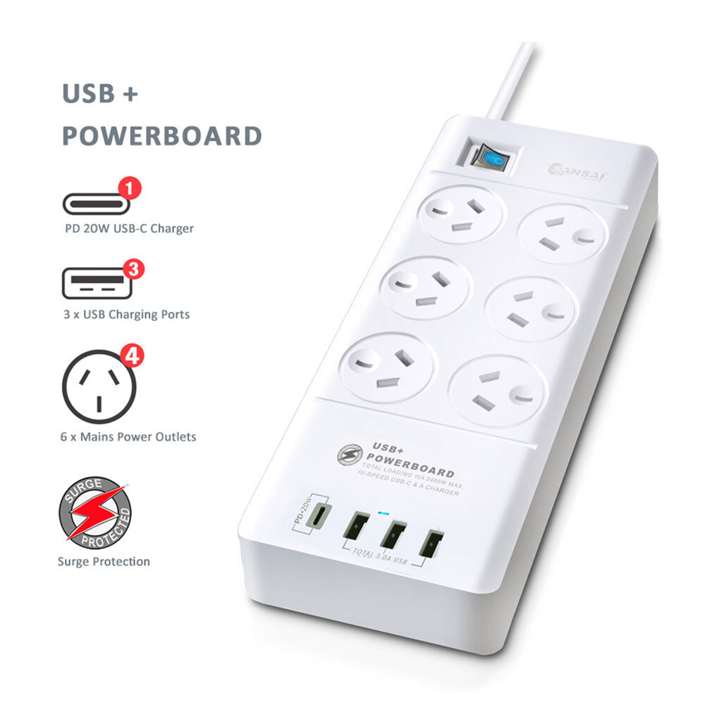 Sansai 6 Sockets USB-A/USB-C Powerboard
