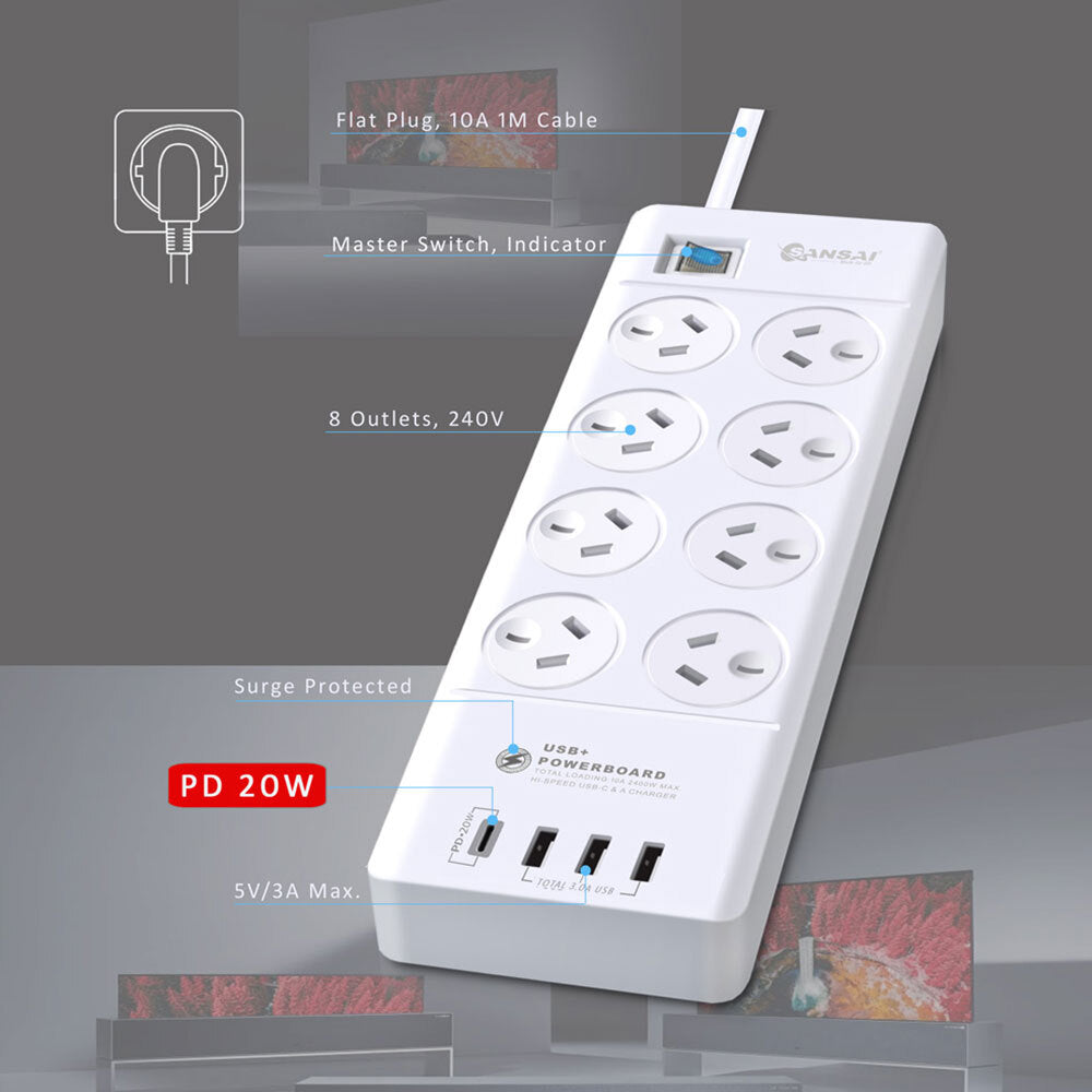 Sansai 8 Sockets USB-A/USB-C Powerboard