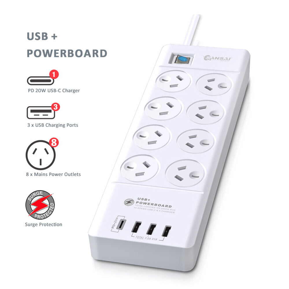 Sansai 8 Sockets USB-A/USB-C Powerboard
