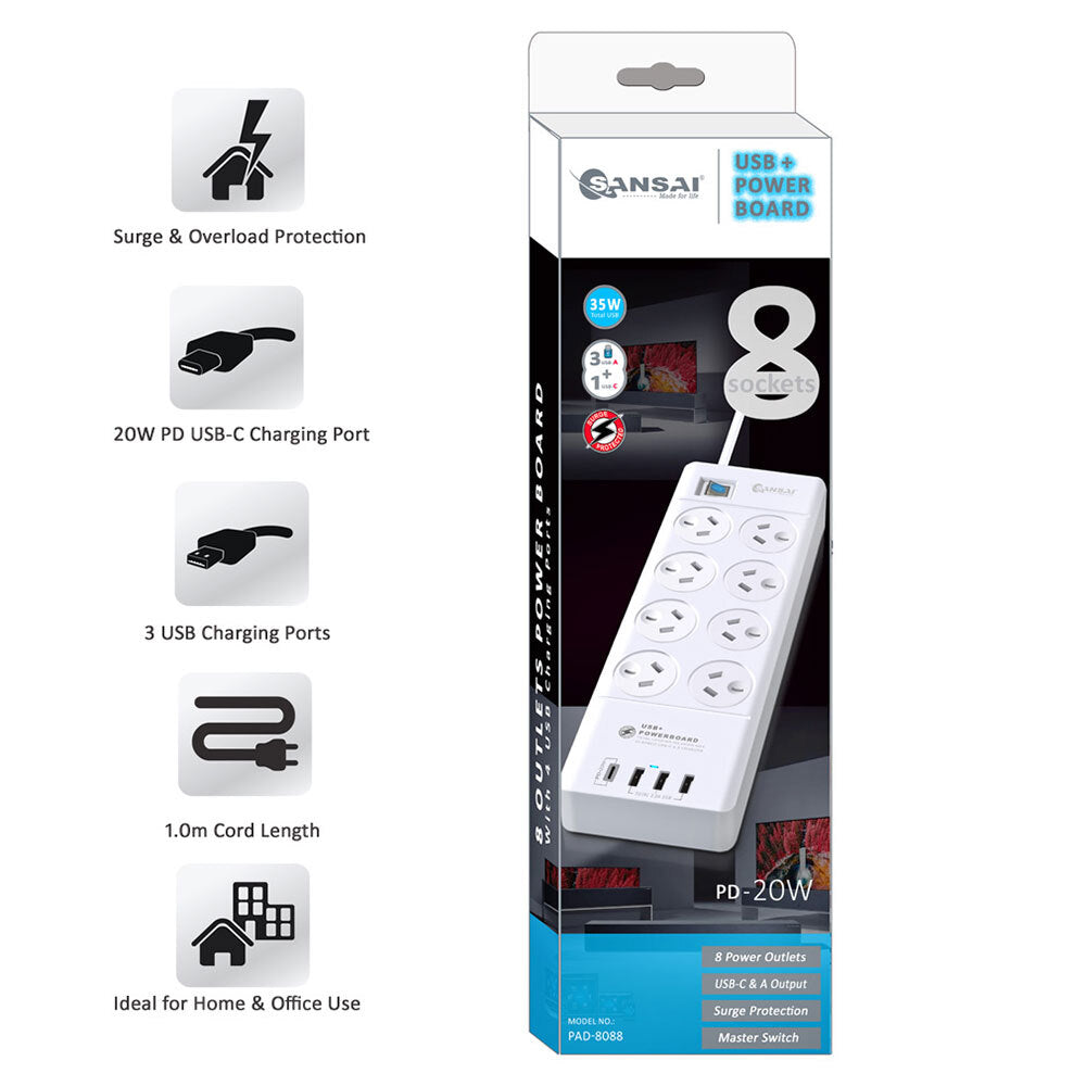 Sansai 8 Sockets USB-A/USB-C Powerboard