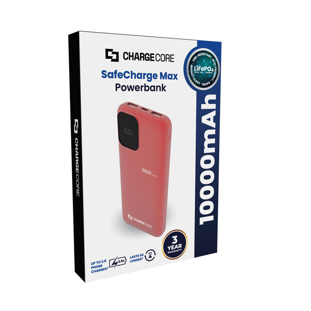 ChargeCore SafeCharge Max Powerbank 10000mAh USB-A to C & 8-Pin Sunset Coral