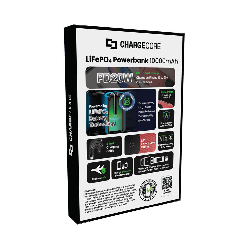 ChargeCore SafeCharge Max Powerbank 10000mAh USB-A to C & 8-Pin Sunset Coral