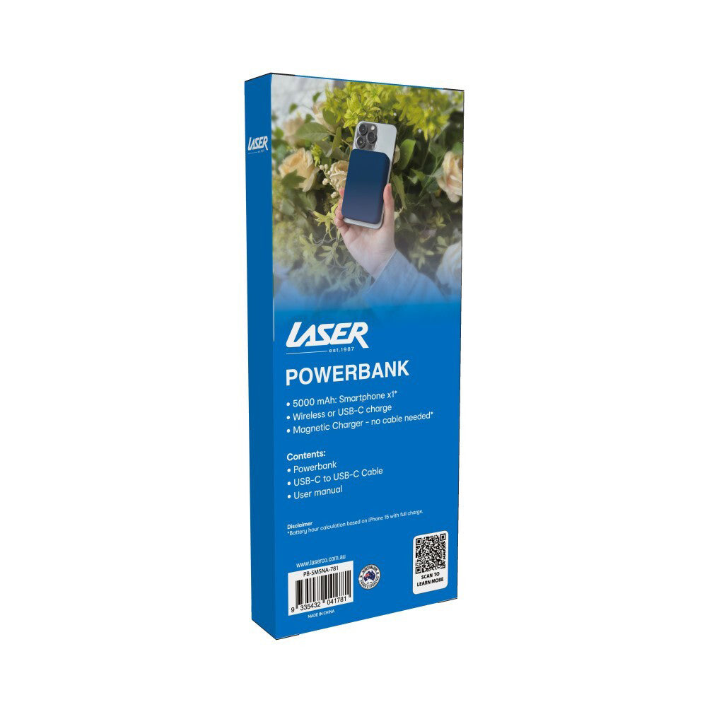 Laser 5000mAh Magnetic Wireless/USB-C Power Bank For Apple/Android Navy