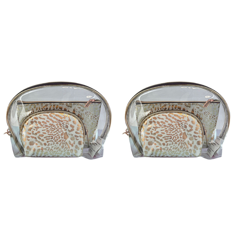 2x 3pc Frankie & Me Womens Zip Cosmetics Makeup Toiletry Bag Set White Leopard