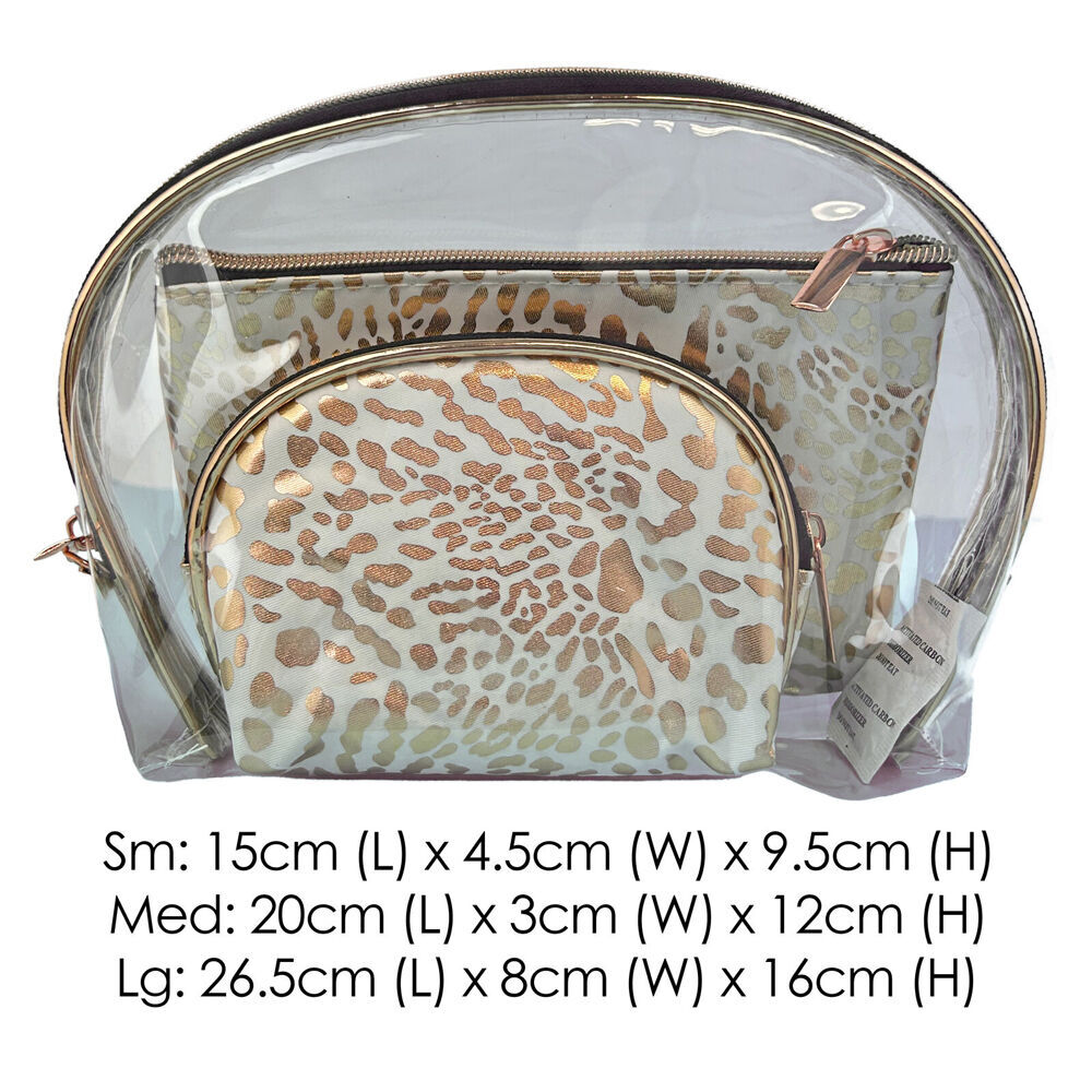 2x 3pc Frankie & Me Womens Zip Cosmetics Makeup Toiletry Bag Set White Leopard