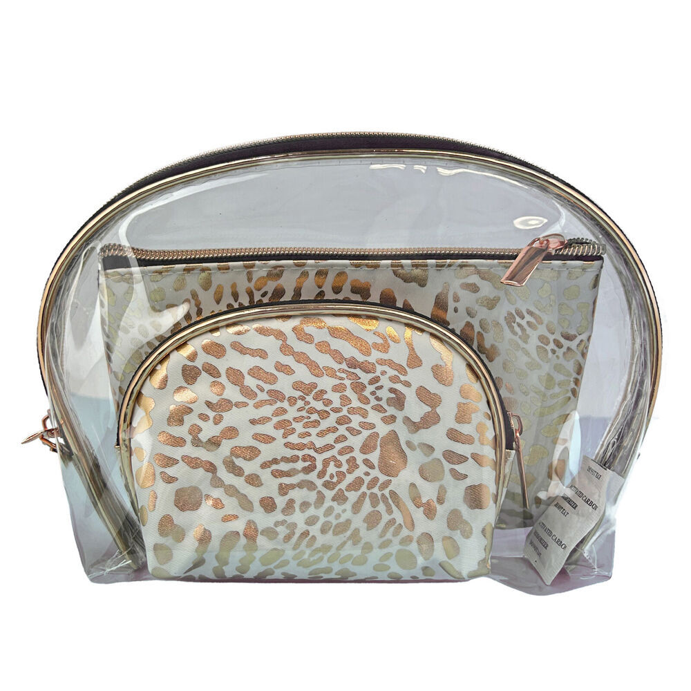 2x 3pc Frankie & Me Womens Zip Cosmetics Makeup Toiletry Bag Set White Leopard