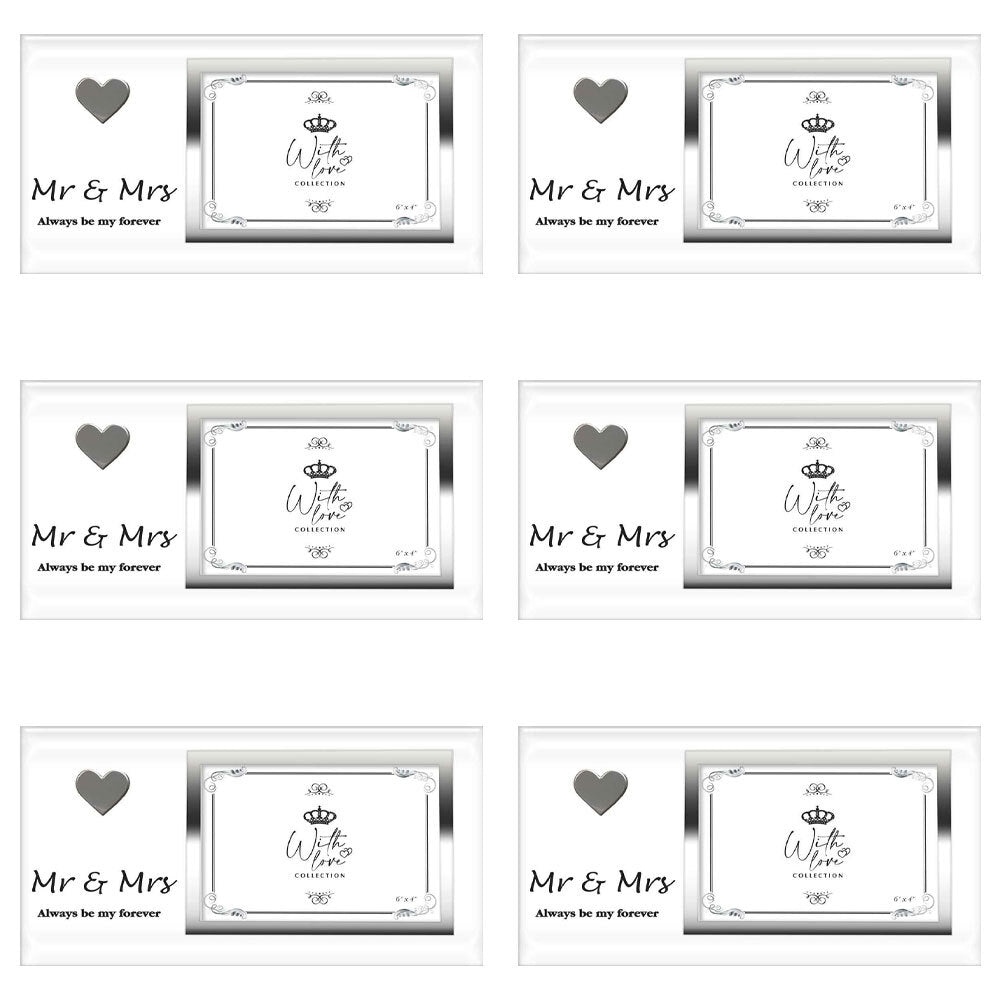 6PK Mr & Mrs Heart Glass/Mirror 4x6'' Photo Frame - Silver