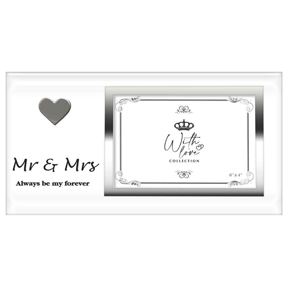 6PK Mr & Mrs Heart Glass/Mirror 4x6'' Photo Frame - Silver