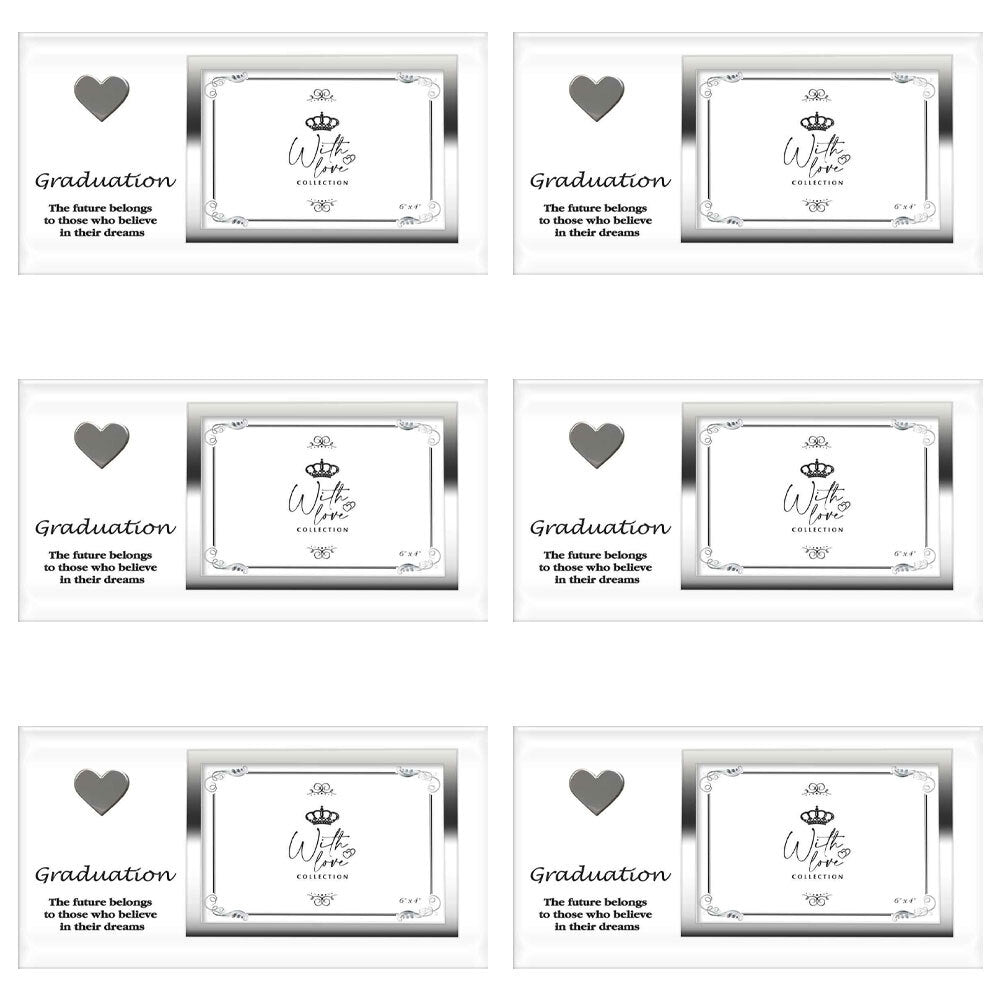 6PK Graduation Heart Glass/Mirror 6x4'' Photo Frame - Silver