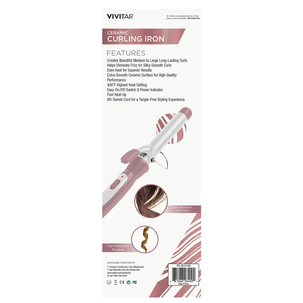 Vivitar Ceramic Tourmaline Curling Iron Barrel Pink 1in