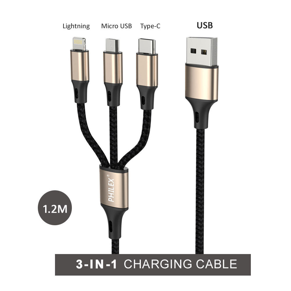 Philex 3-In-1 8 Pin USB-C Micro USB Charging Cable - Gold