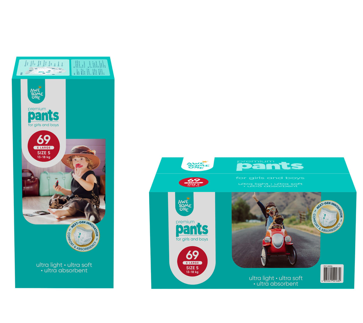 2x 69PK Awesome One Ultra Light, Soft & Absorbent Nappy Pants 13-18kg Size 5 1-3y