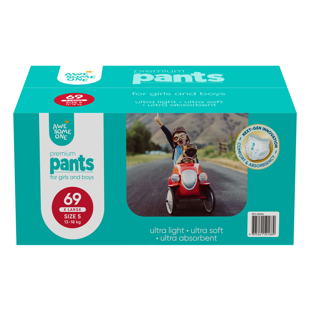 2x 69PK Awesome One Ultra Light, Soft & Absorbent Nappy Pants 13-18kg Size 5 1-3y