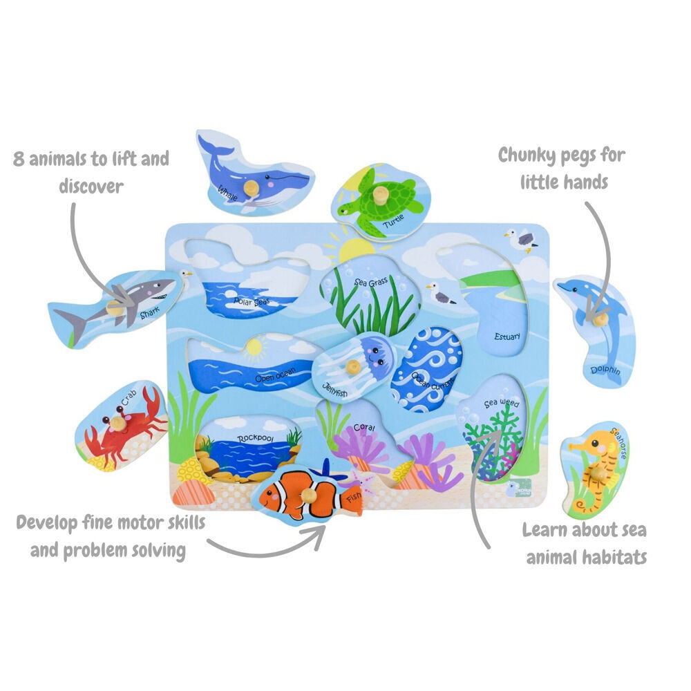 2PK Koala Dream Wooden 2 In 1 Sea Animal & Their Habitats Peg Kids Toy Puzzle 18m+