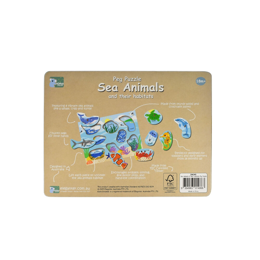 2PK Koala Dream Wooden 2 In 1 Sea Animal & Their Habitats Peg Kids Toy Puzzle 18m+