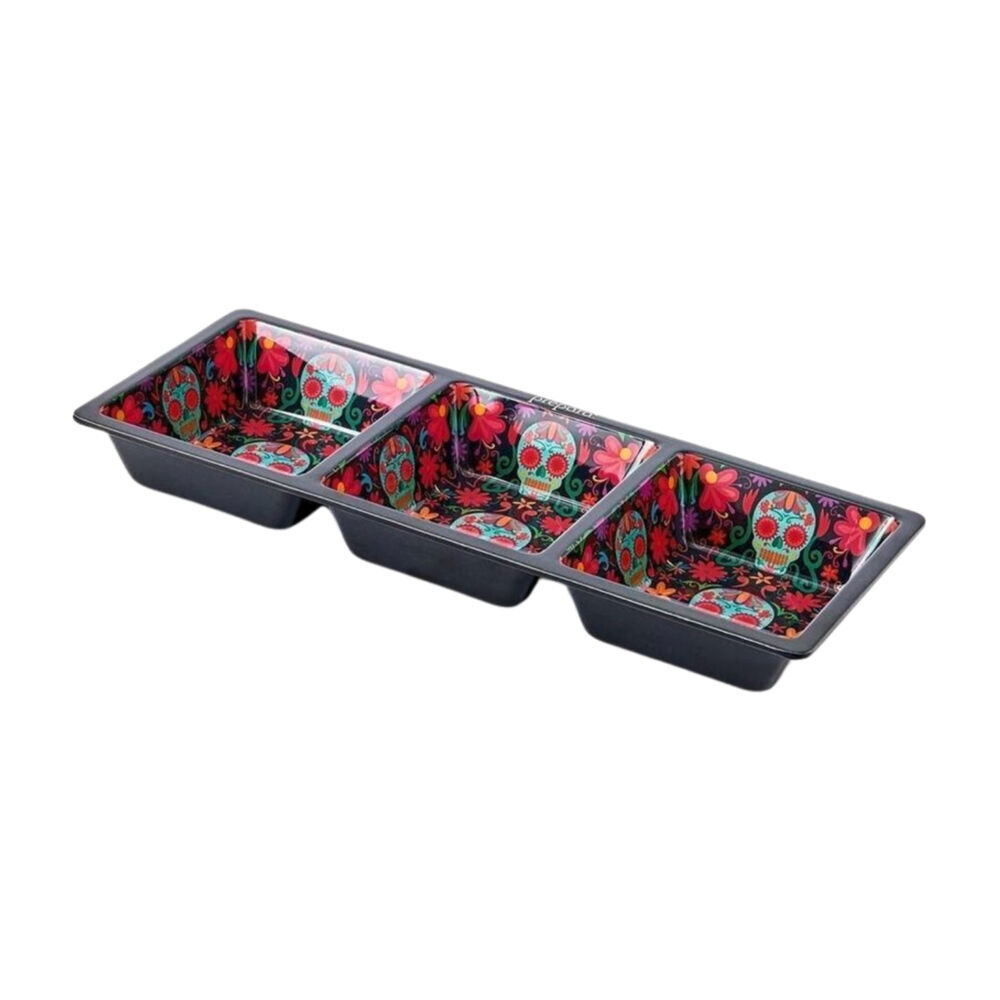 Prepara Melamine 3-Section Serving Saucer Tray Day of the Dead Ed 37x15cm Black
