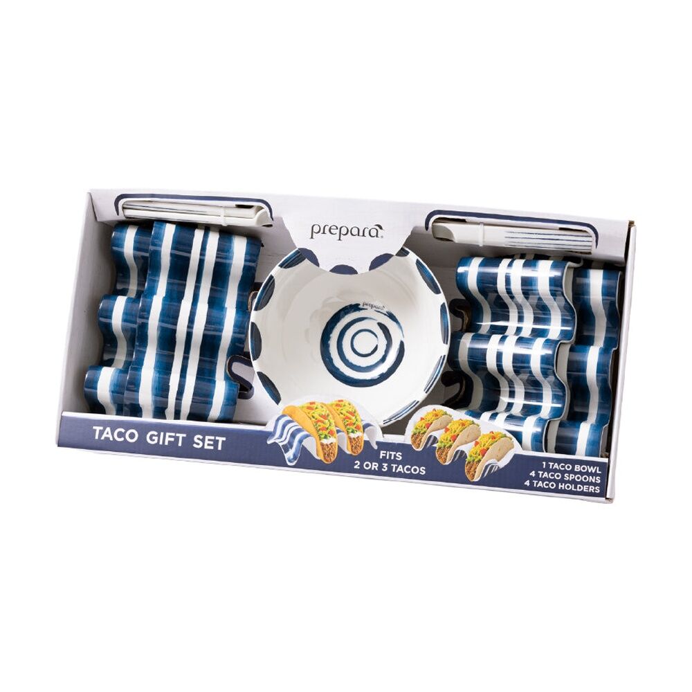 9pc Prepara Taco Gift Set Coastal Stripe Kitchenware Melamine - White/Blue