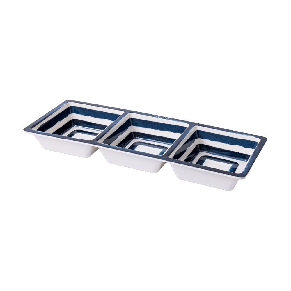 4PK Prepara Three Section Tray Coastal Stripe Kitchenware Melamine - White/Blue