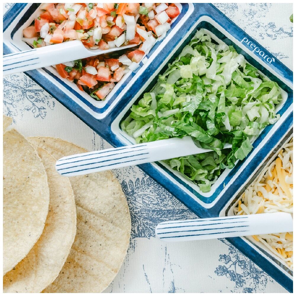 4PK Prepara Three Section Tray Coastal Stripe Kitchenware Melamine - White/Blue