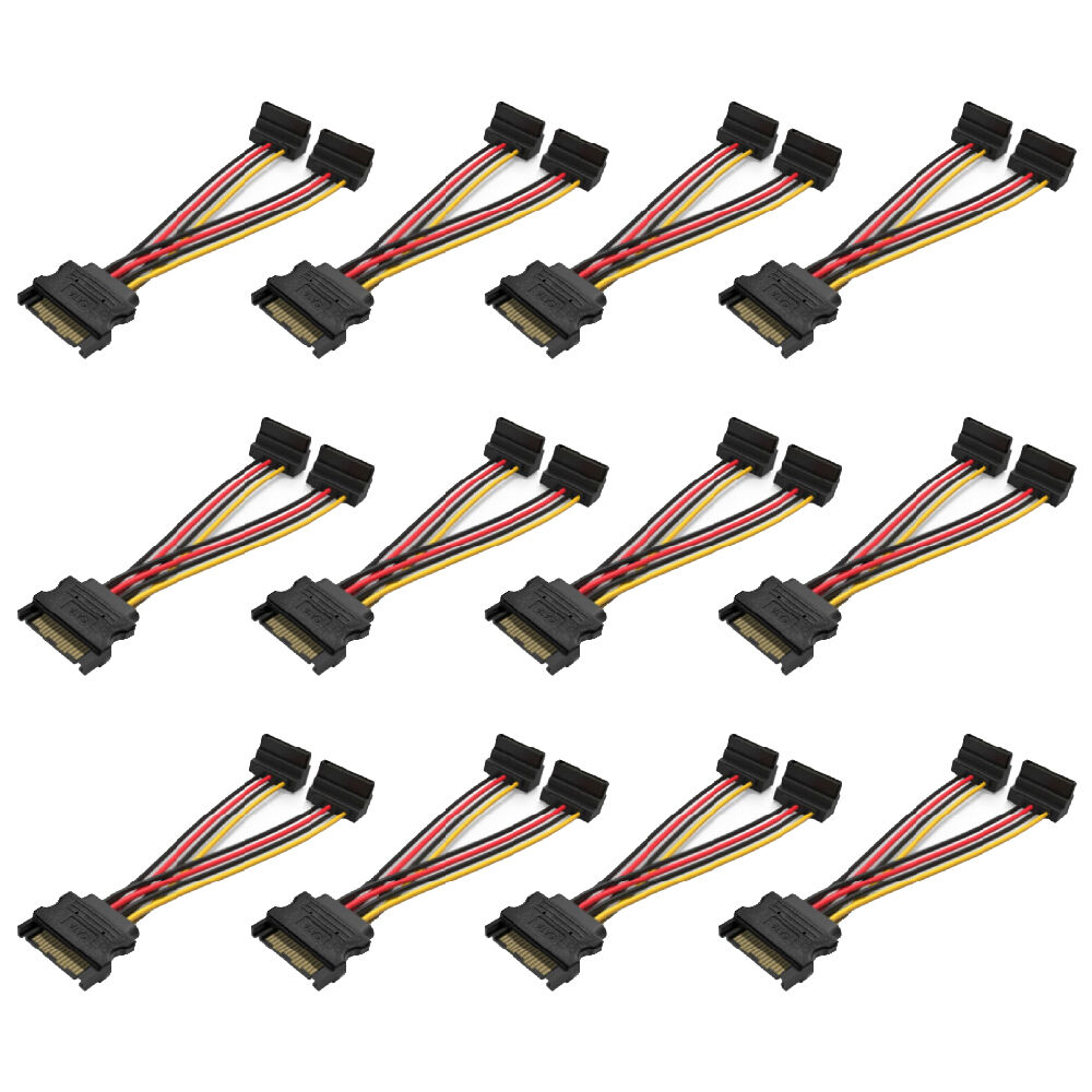 12PK Cruxtec SATA Power Splitter Cable 15pin Male to 2x Female 90Deg 20cm Black