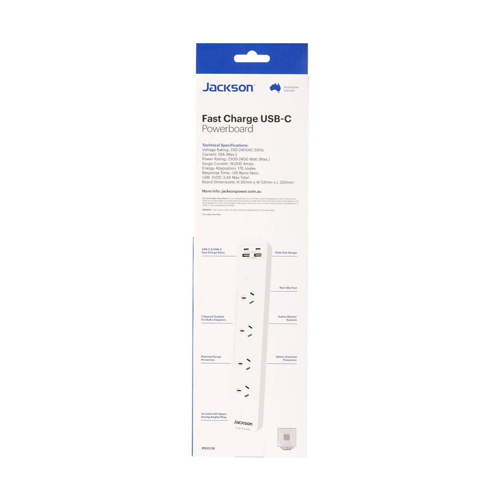Jackson 32cm Power Board 4-Outlet w/ Surge Protection - White