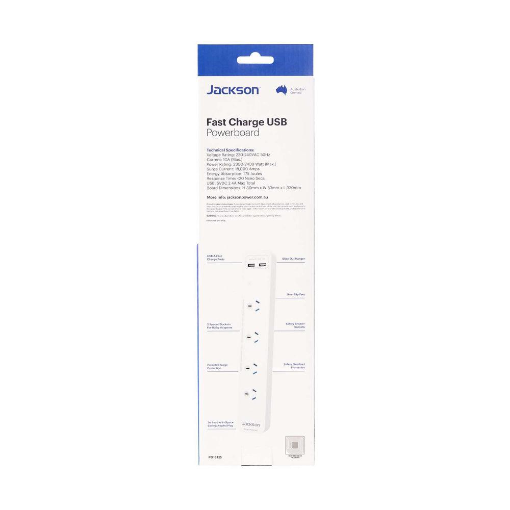 Jackson 32cm Power Board 4-Outlet w/ USB-A Fast Charging Port - White