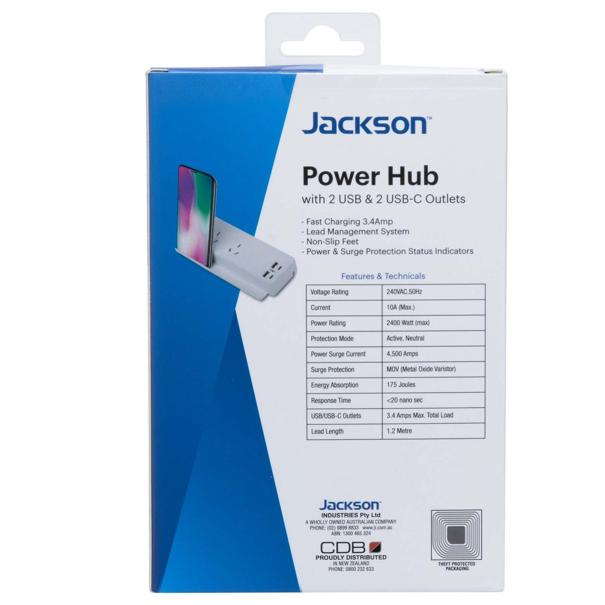 Jackson 20cm Power Hub 2-Outlet w/ Type-A/USB-C Fast Charge Ports - White