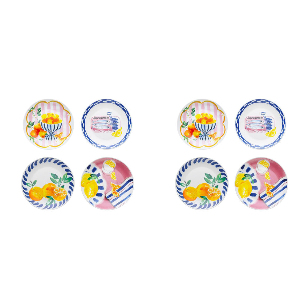 2x 4pc Porto Porcelain Positano Round Side Plates 20cm Assorted Designs