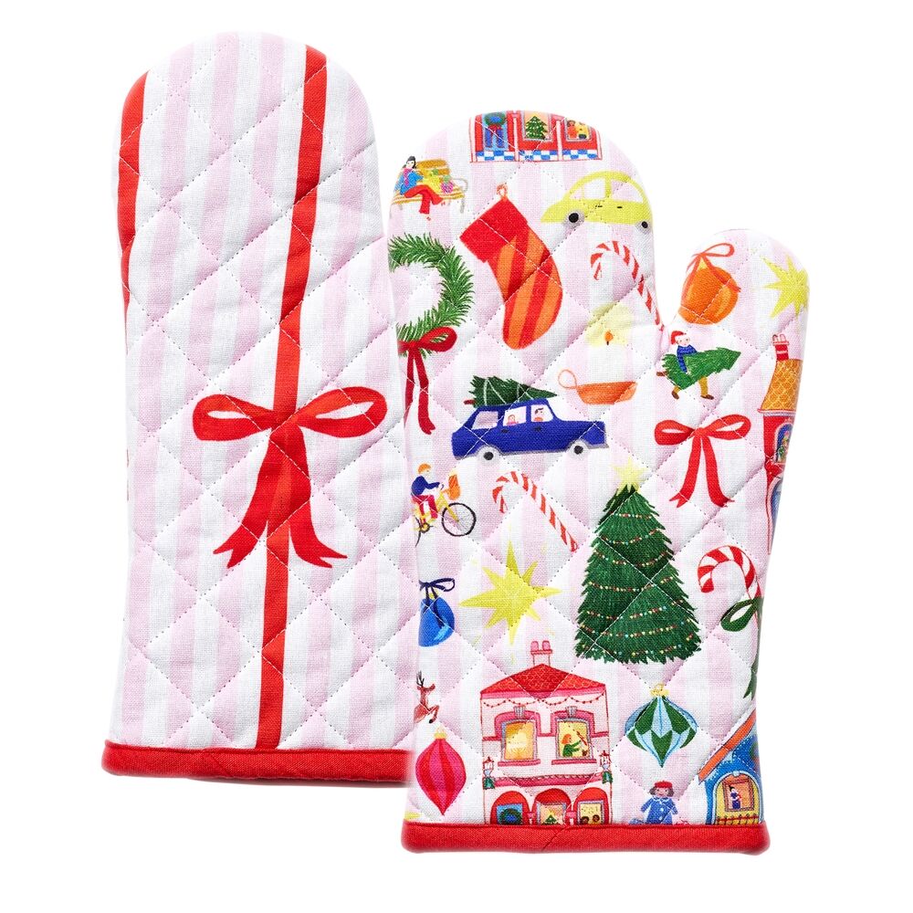 2x 2pc Porto 100% Cotton Night Before Oven Mitts 32x18cm Multi-Coloured