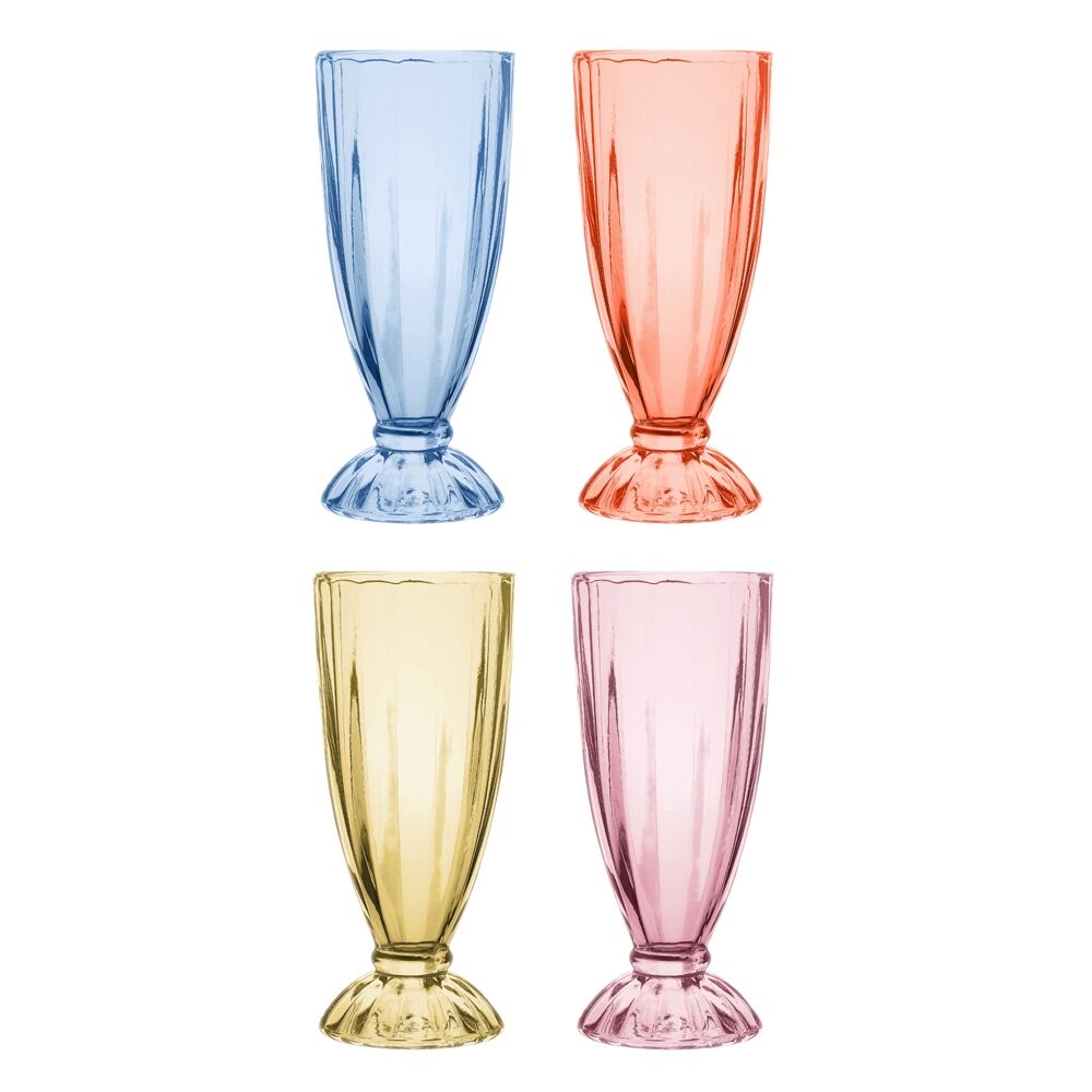 4pc Porto Soda Lime Glass Dessert Milkshake Cups 340ml Citron, Ruby, Sky, Rose