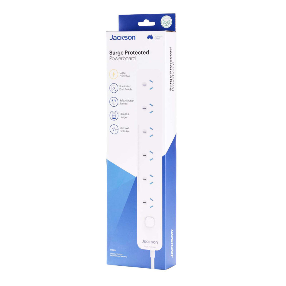 Jackson 34cm Surge Protected 6-Outlet Power Board - White