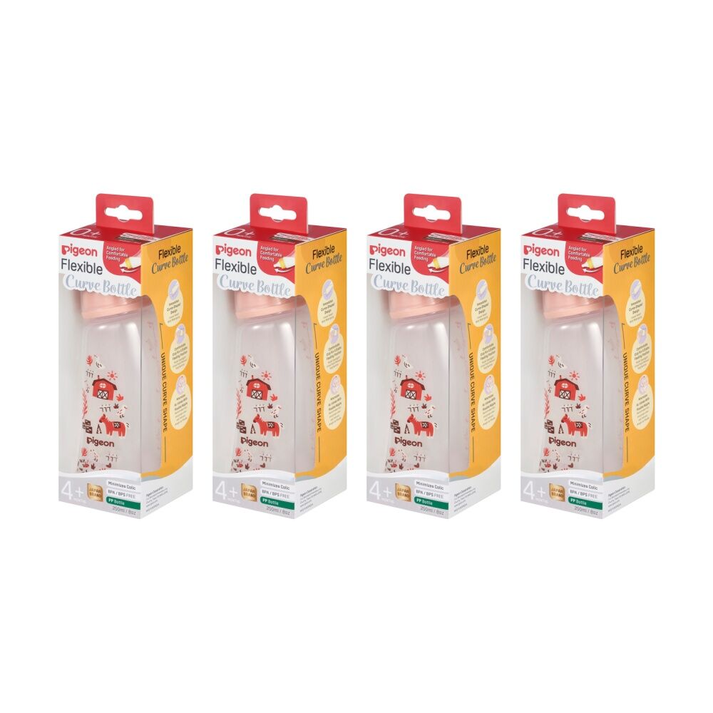 4PK Pigeon Flexible Curve Baby Bottle PP Farm 250ml Anti-Colic Silicone 4m+