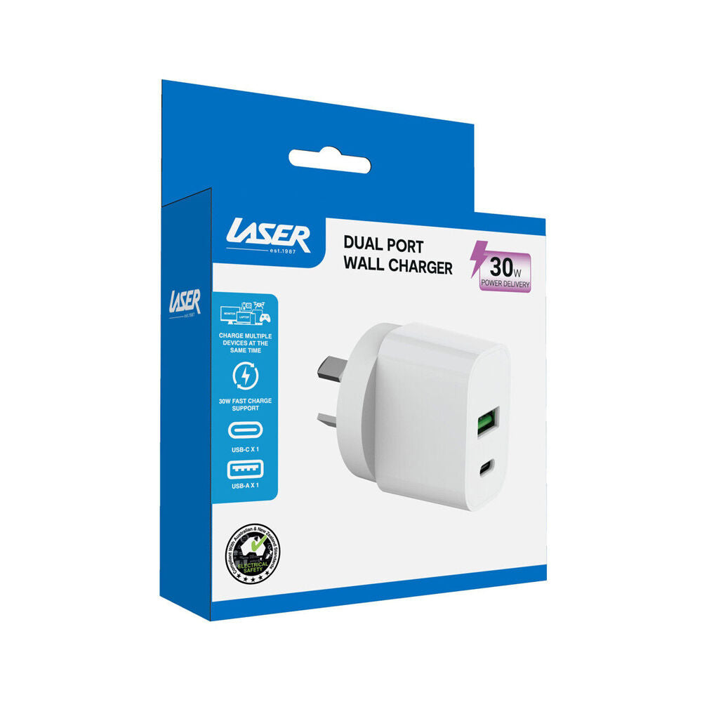 Laser 30W USB-C & A Dual Port Wall Fast Charger AU/NZ Plug Portable Lightweight
