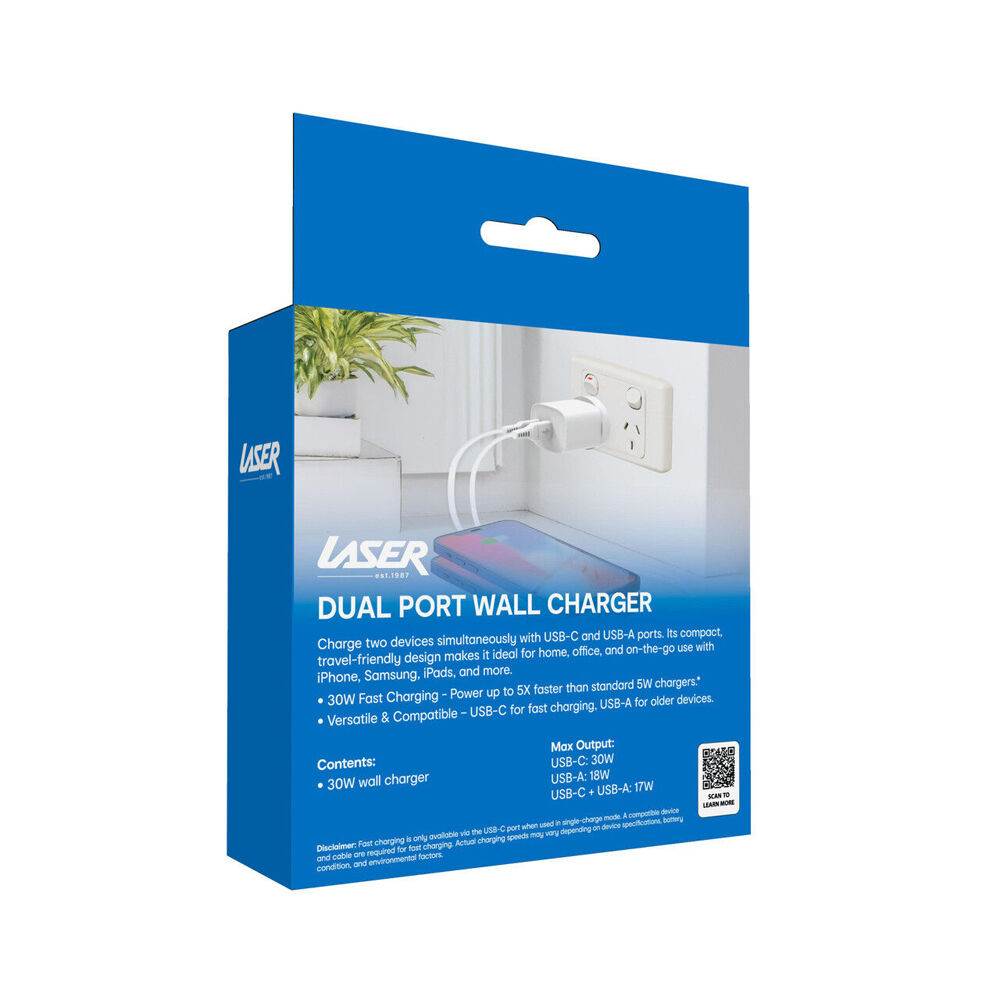 Laser 30W USB-C & A Dual Port Wall Fast Charger AU/NZ Plug Portable Lightweight