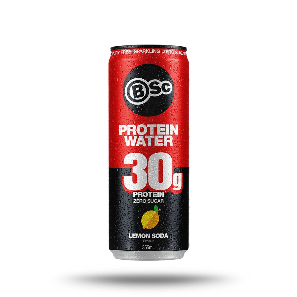 12PK BSc 30g Protein Water Can Sugar Free Post Workout 355ml Lemon Soda