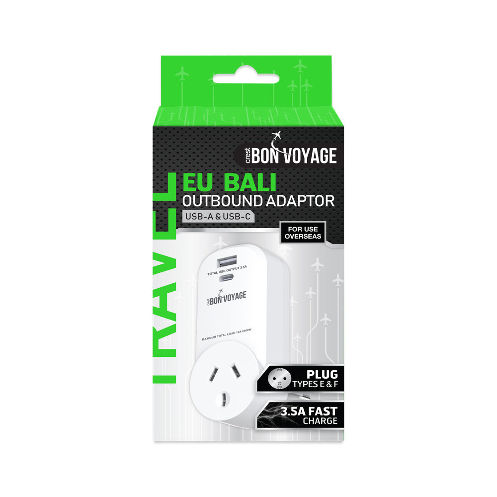 Bon Voyage AU to EU/ID/VN Travel Adapter Plug w/ 2 USB-A/USB-C Ports