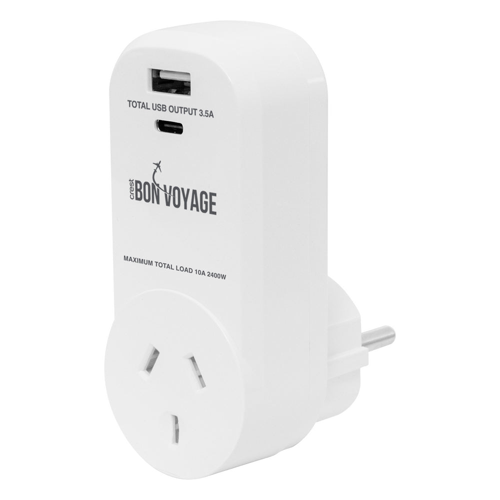 Bon Voyage AU to EU/ID/VN Travel Adapter Plug w/ 2 USB-A/USB-C Ports