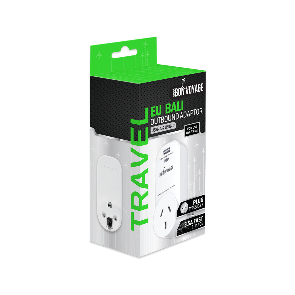 Bon Voyage AU to EU/ID/VN Travel Adapter Plug w/ 2 USB-A/USB-C Ports