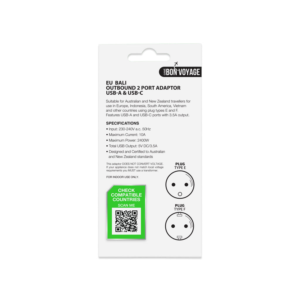 Bon Voyage AU to EU/ID/VN Travel Adapter Plug w/ 2 USB-A/USB-C Ports