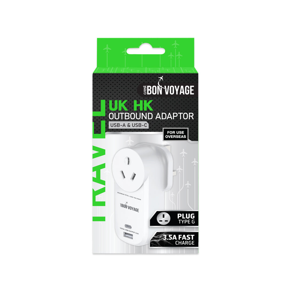 Bon Voyage AU to UK/HK/SG Travel Adapter Plug w/ 2 USB-A/USB-C Ports