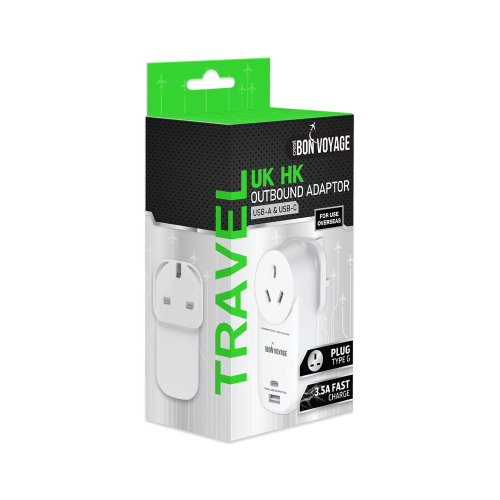 Bon Voyage AU to UK/HK/SG Travel Adapter Plug w/ 2 USB-A/USB-C Ports