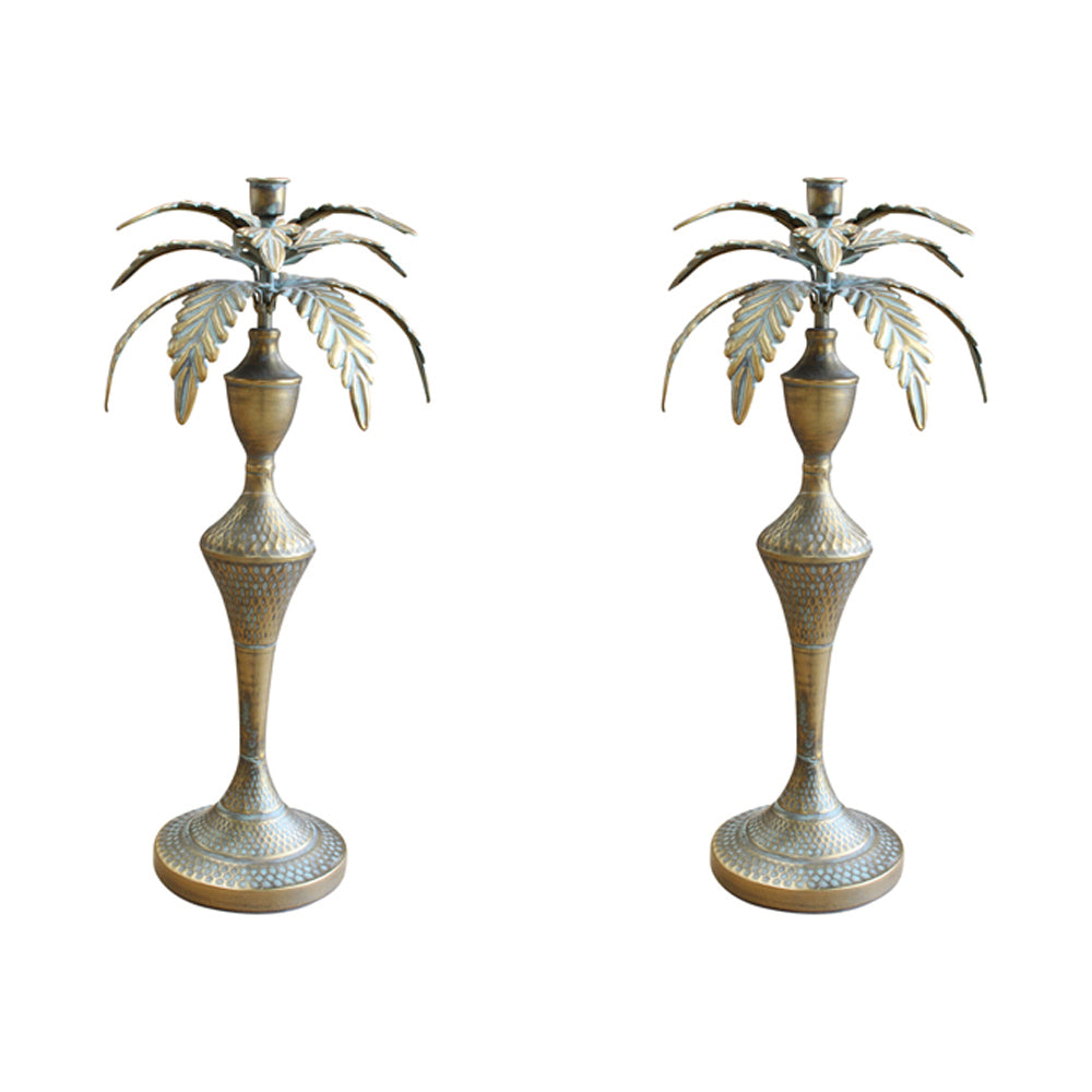 2PK LVD Metal 48.5cm Extra Large Palm Pillar/Stick Candle Holder - Brass