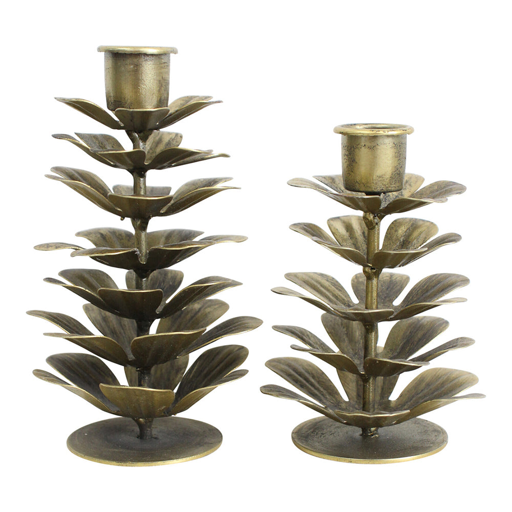 2PK LVD Metal Pinecone 15cm Taper Candle Holder Large - Gold