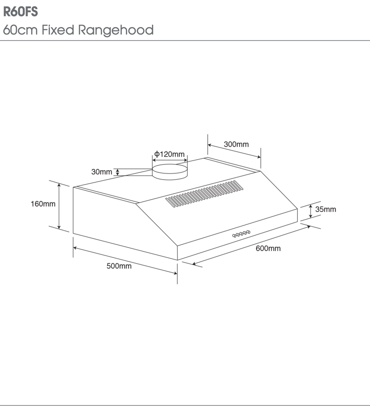 Euromaid 60cm Fixed Rangehood 250m3/h LED Recirculating Stainless Steel